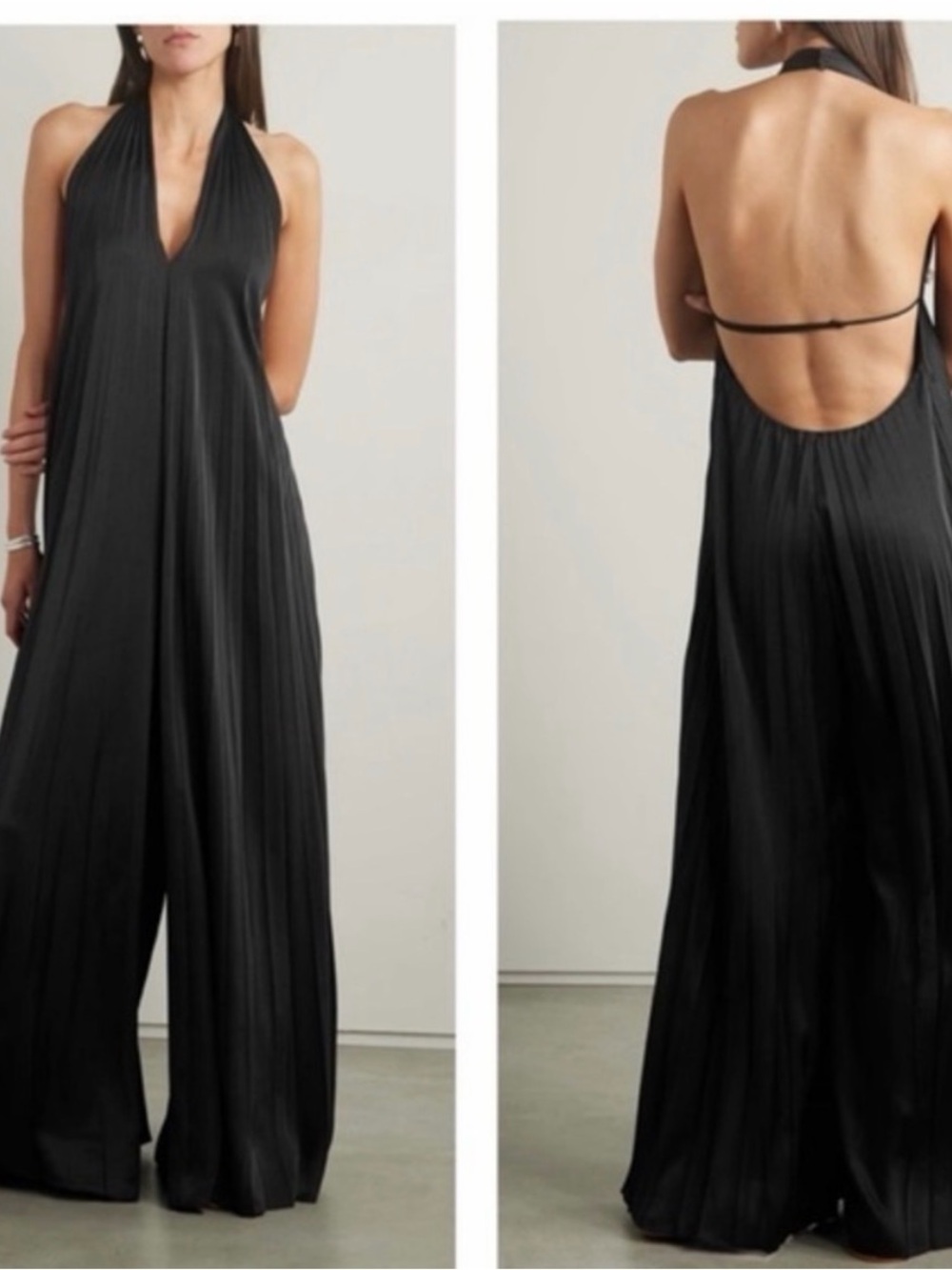 A.L.C. Jumpsuit Rio Halter Pleated Wide Leg in Satin Black - Picture 2 of 2